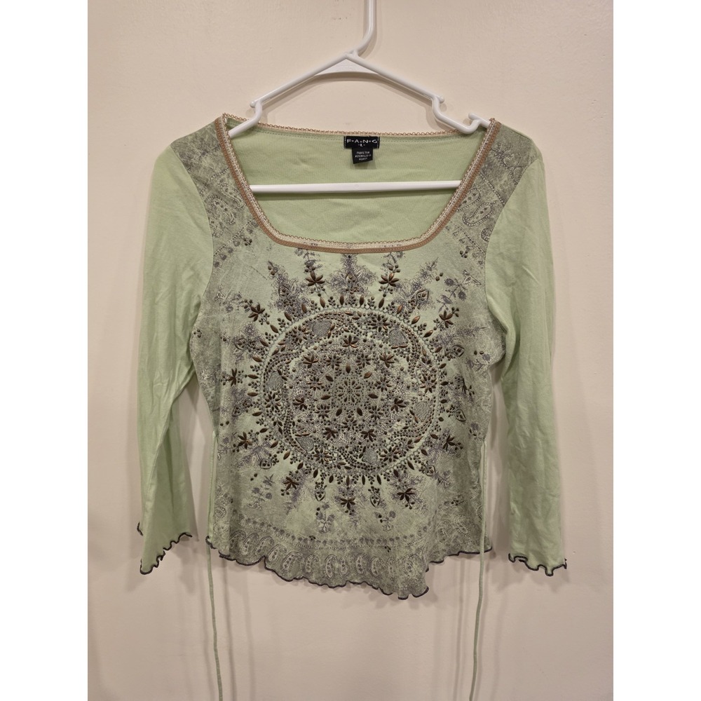 FANG Y2K 90s Boho Paisley Embellished Tie Back Top Womens L Fairy Grunge
